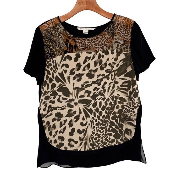 Diane Von Furstenberg Womens Animal Print Silk Top Size 8 Black Brown Short Slee - Picture 1 of 12